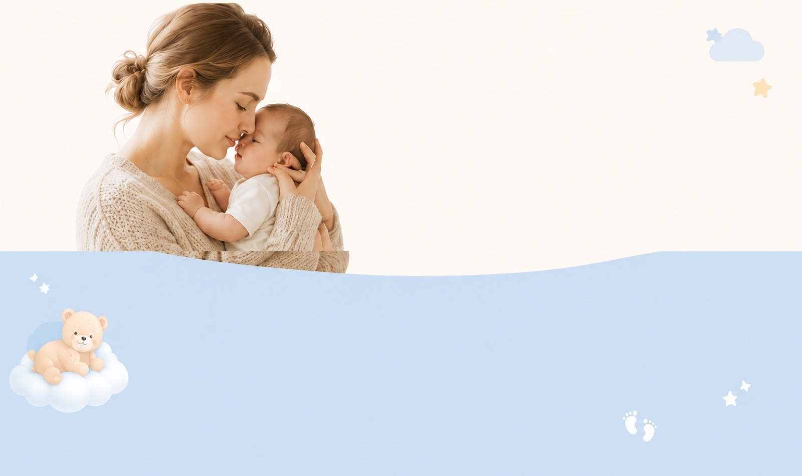 Mother tenderly kissing her baby's forehead, with a teddy bear on a cloud below — cream-and-blue illustrated banner