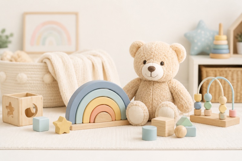 Soft pastel rainbow stacker, teddy bear, wooden abacus, and shape sorter blocks in a bright nursery