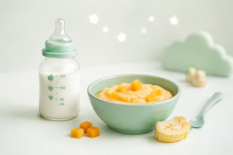 Sage-green bottle and bowl of orange baby food puree with banana slices and small cubes on a soft pastel table